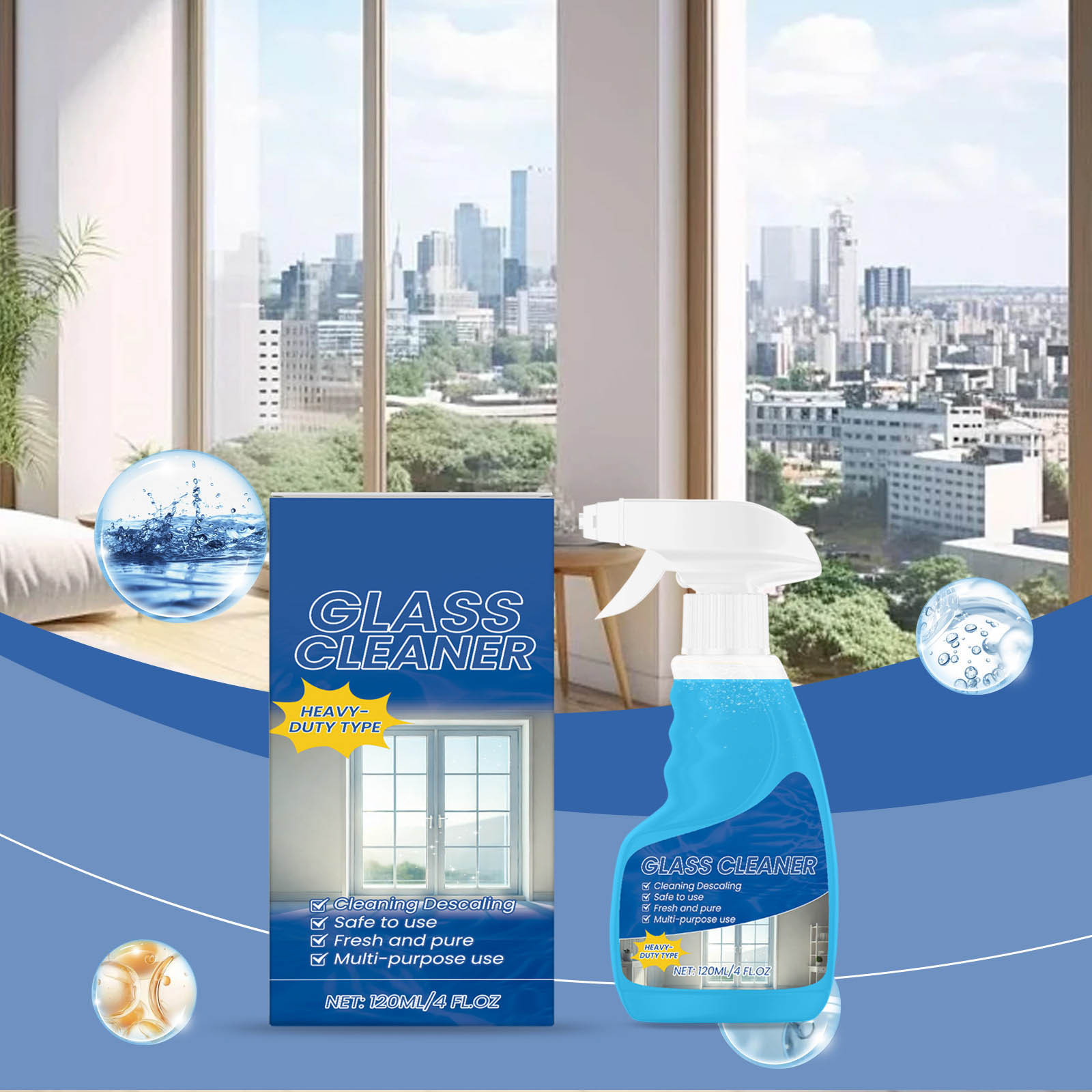 Foaming Glass Cleaner Trigger Spray | All Purpose Window And Glass Cleaner | Streak|Free, No|Drip Formula Glass Cleaners For The Home Or Office, 120ml (1 Pack )